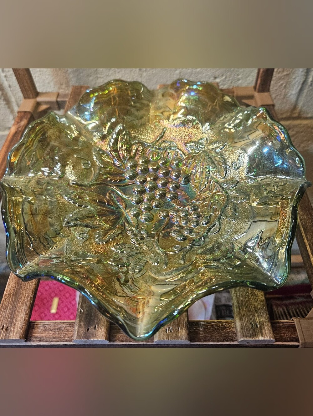 Imperial Green Carnival Glass Bowl. It Glows!